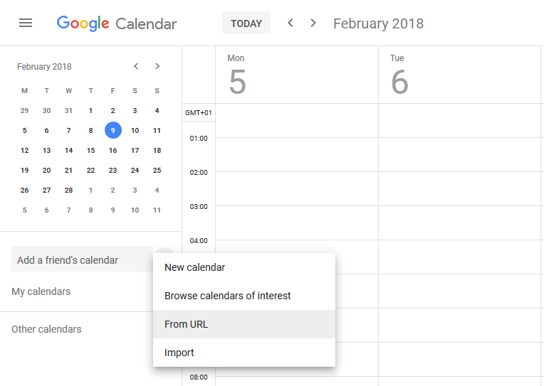 Choose From URL under Add a friend's calendar