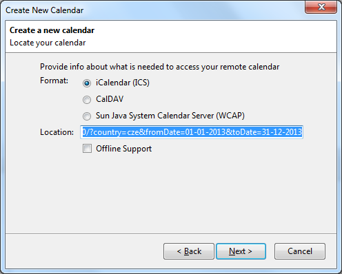 Copy and paste the Enrico iCalendar URL into Location textbox